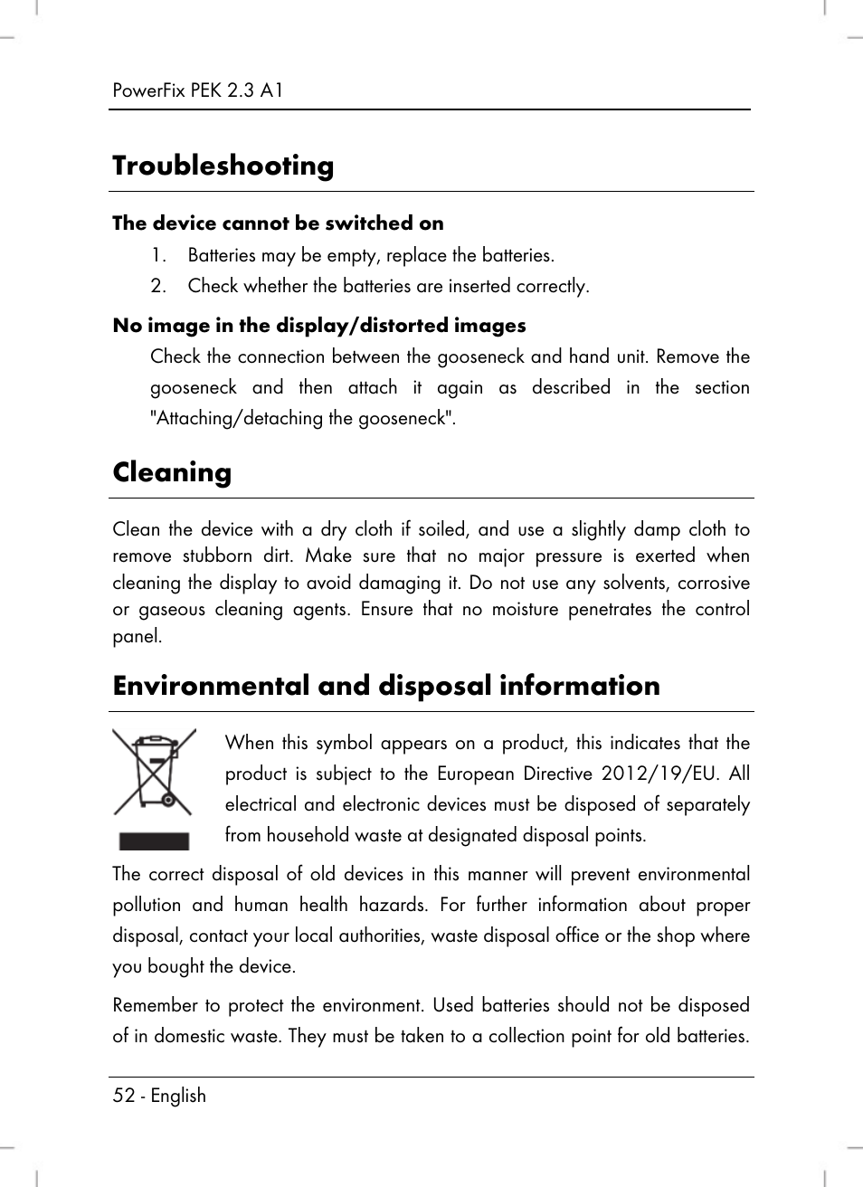 Troubleshooting, Cleaning, Environmental and disposal information | Silvercrest PEK 2.3 A1 User Manual | Page 54 / 58