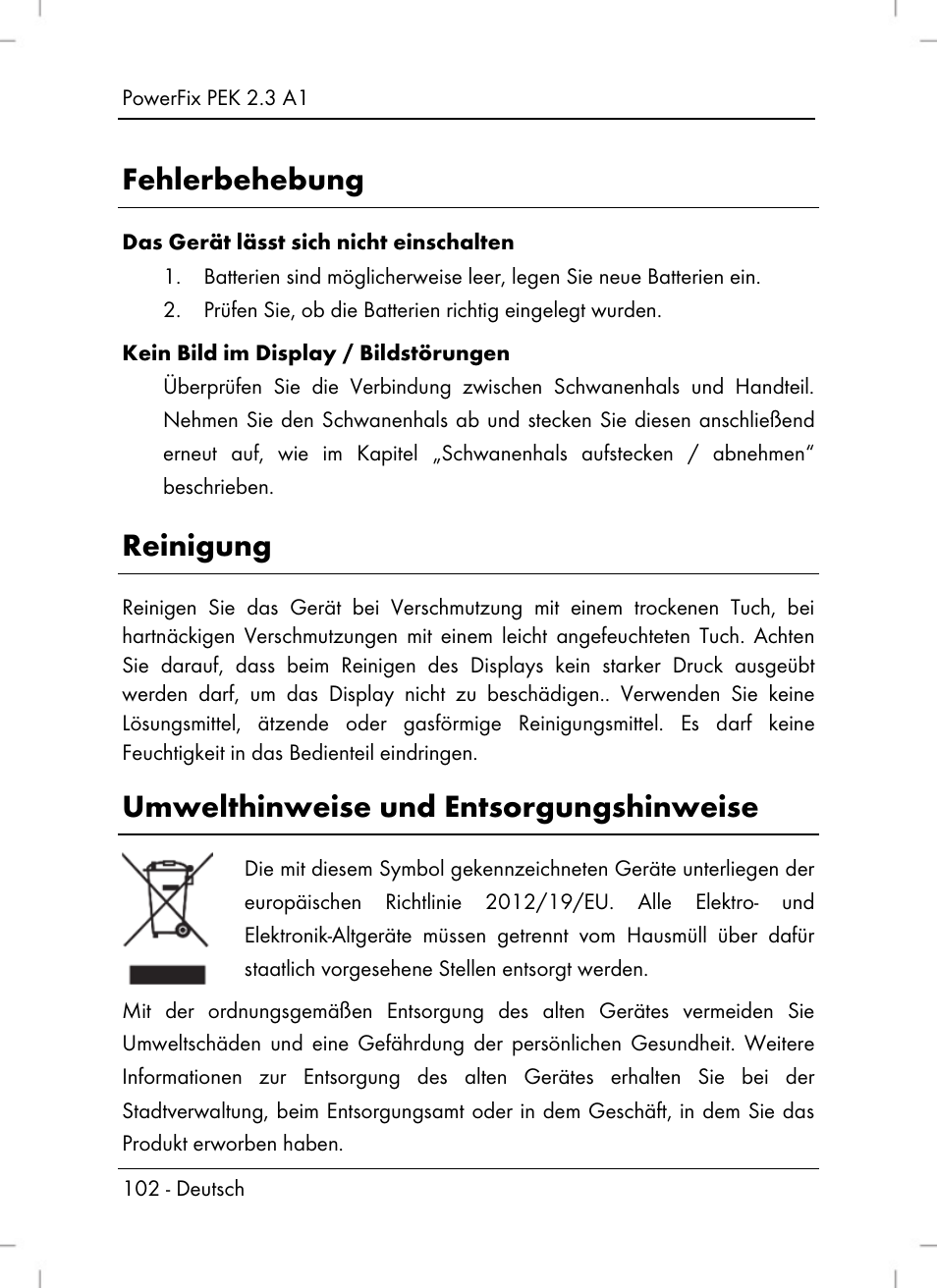 Fehlerbehebung, Reinigung, Umwelthinweise und entsorgungshinweise | Silvercrest PEK 2.3 A1 User Manual | Page 104 / 108