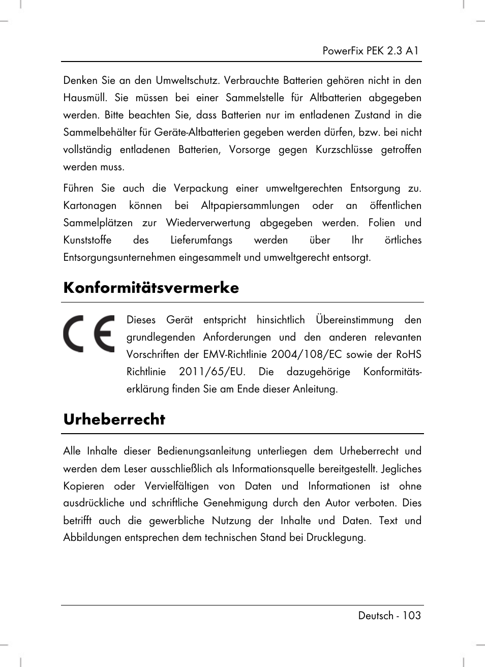 Konformitätsvermerke, Urheberrecht | Silvercrest PEK 2.3 A1 User Manual | Page 105 / 108