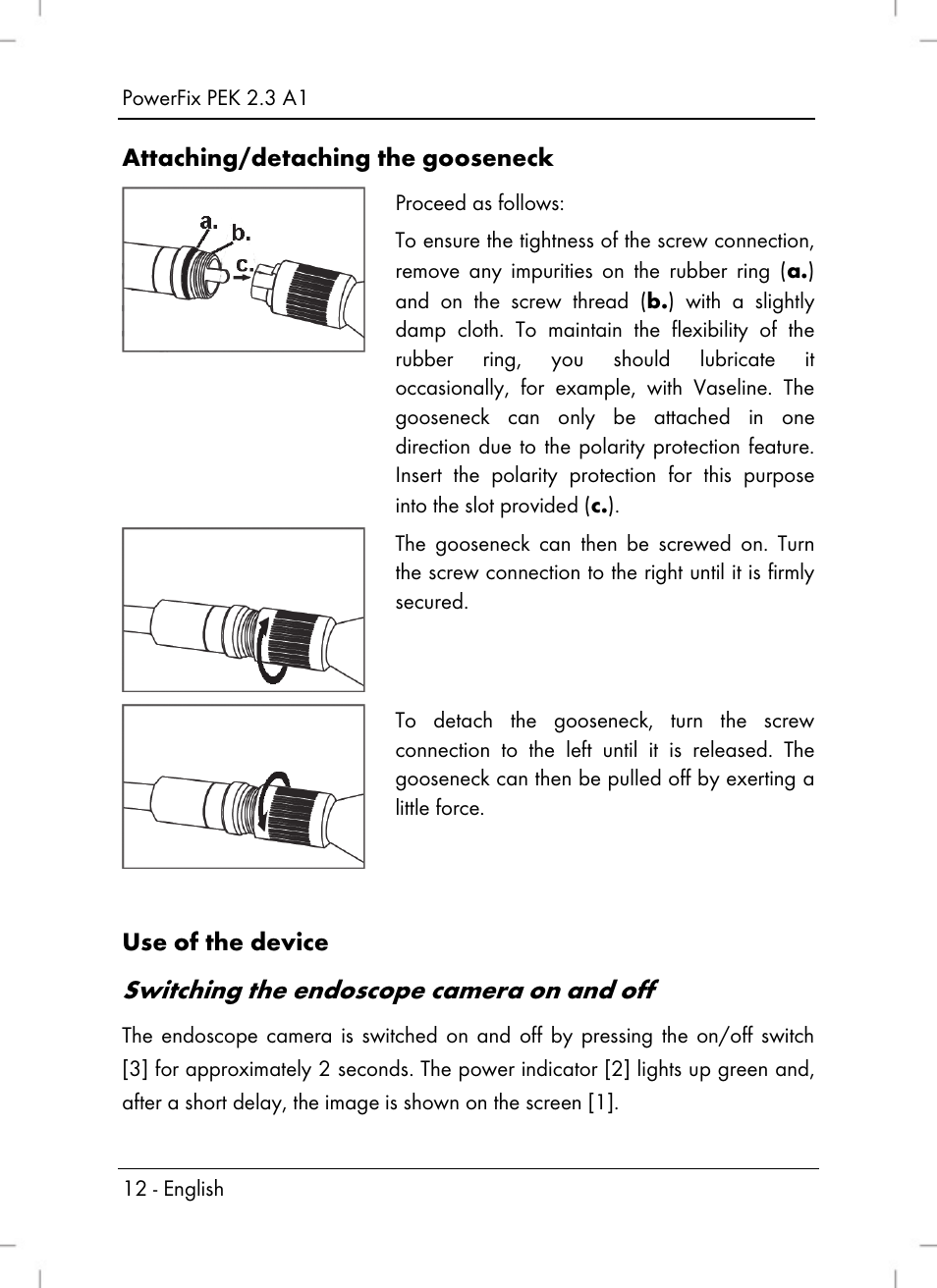 Switching the endoscope camera on and off | Silvercrest PEK 2.3 A1 User Manual | Page 14 / 108