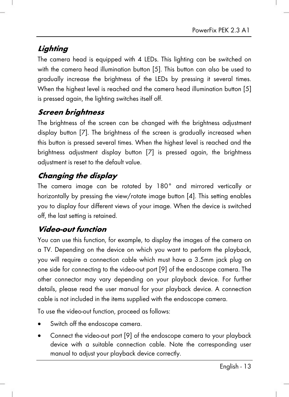 Lighting, Screen brightness, Changing the display | Video-out function | Silvercrest PEK 2.3 A1 User Manual | Page 15 / 108