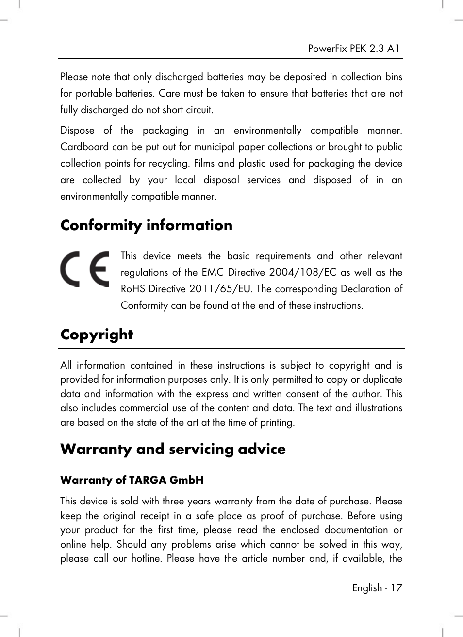 Conformity information, Copyright, Warranty and servicing advice | Silvercrest PEK 2.3 A1 User Manual | Page 19 / 108