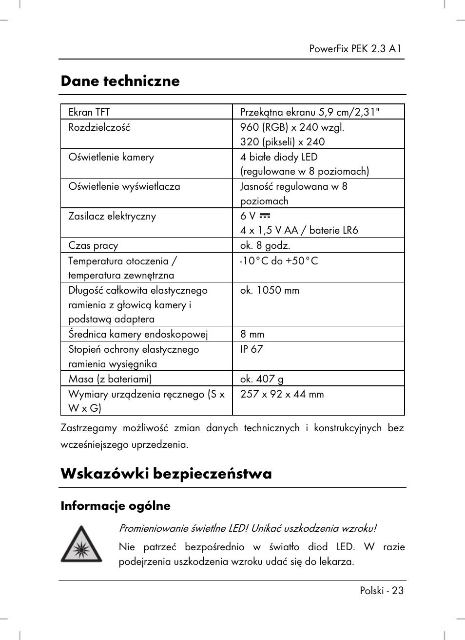 Dane techniczne, Wskazówki bezpieczeństwa | Silvercrest PEK 2.3 A1 User Manual | Page 25 / 108