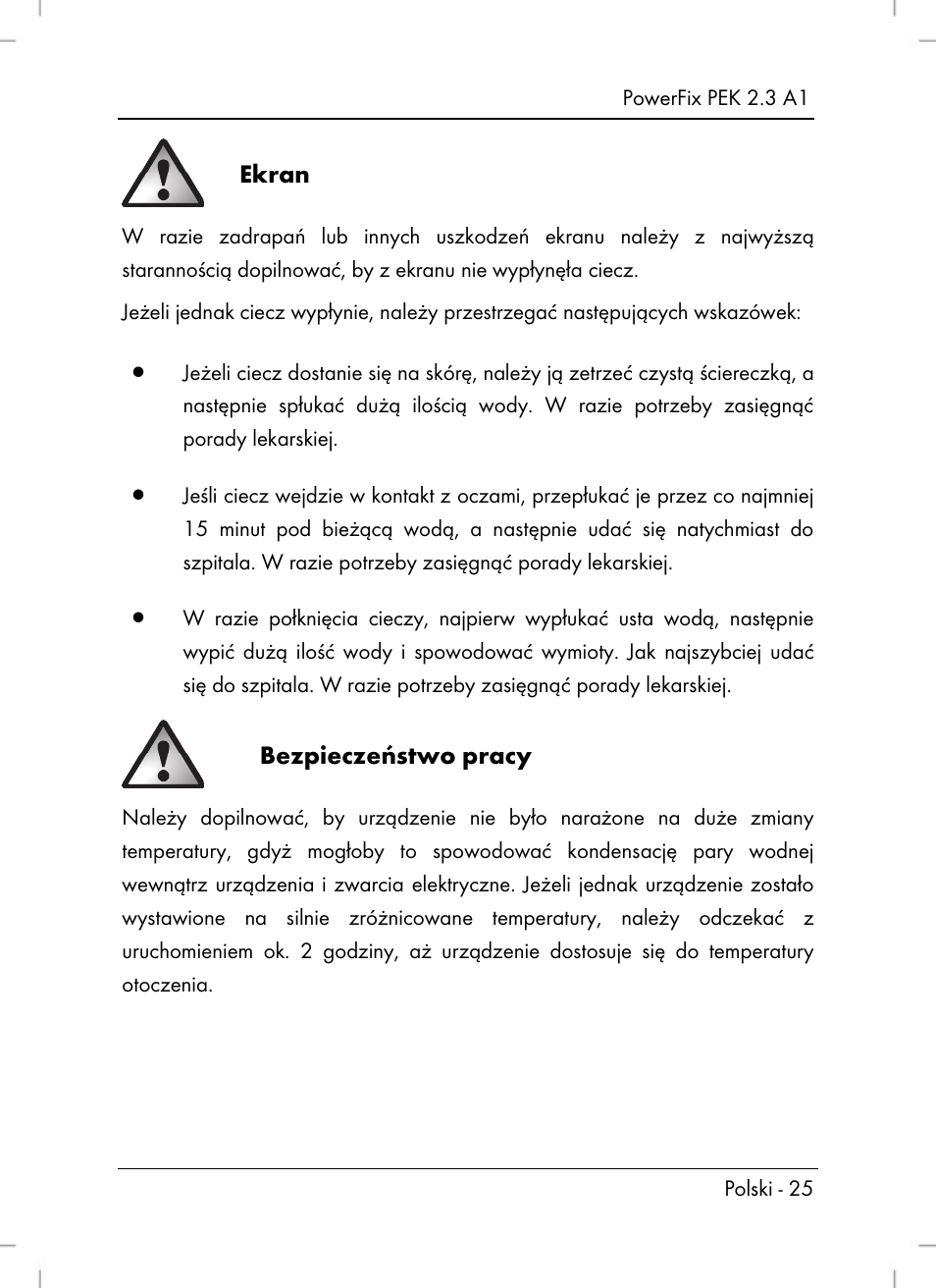 Ekran, Bezpieczeństwo pracy | Silvercrest PEK 2.3 A1 User Manual | Page 27 / 108
