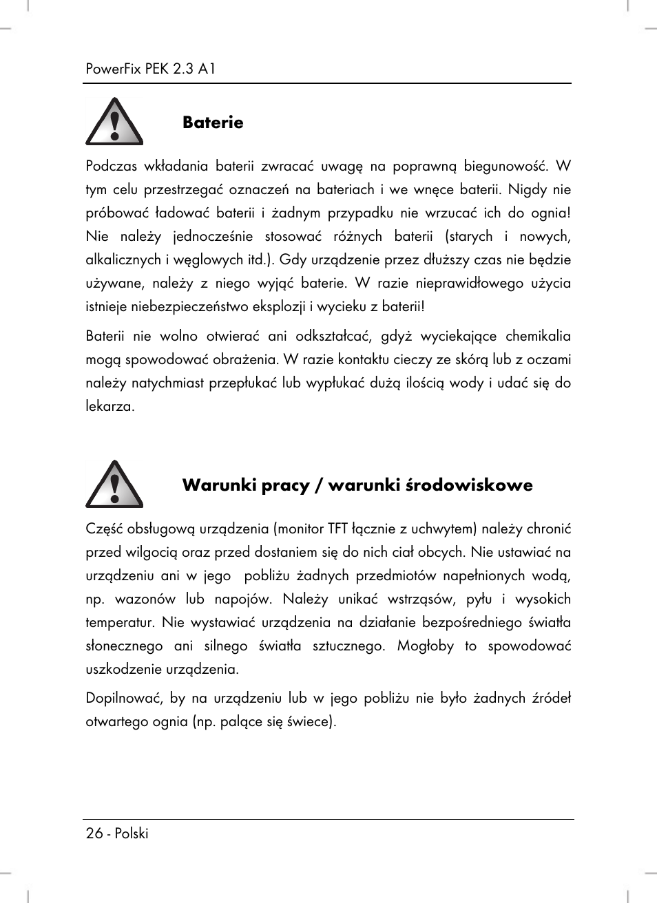 Baterie, Warunki pracy / warunki środowiskowe | Silvercrest PEK 2.3 A1 User Manual | Page 28 / 108
