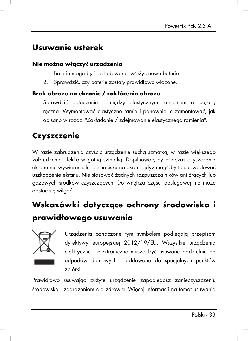 Usuwanie usterek, Czyszczenie | Silvercrest PEK 2.3 A1 User Manual | Page 35 / 108