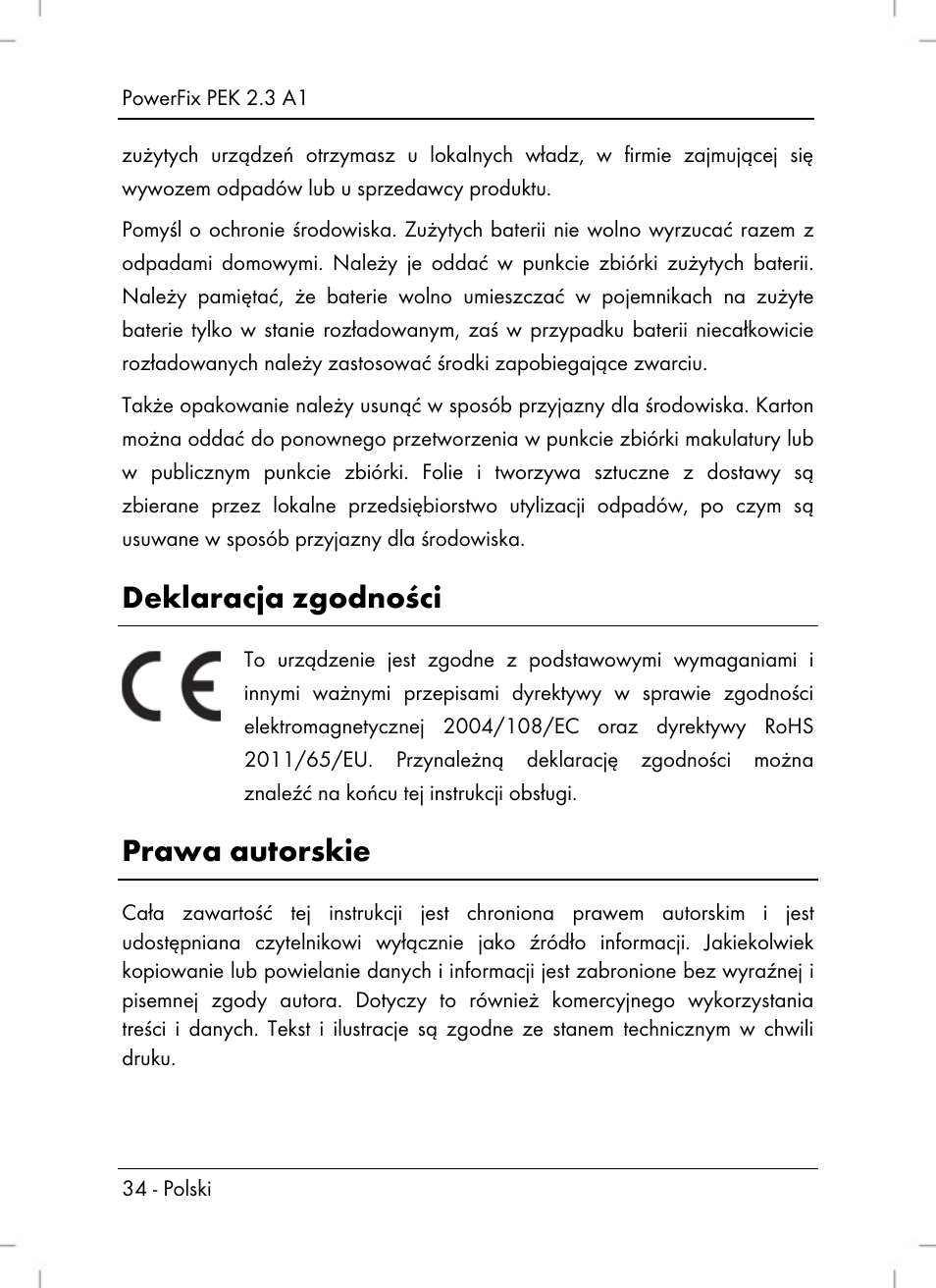 Deklaracja zgodności, Prawa autorskie | Silvercrest PEK 2.3 A1 User Manual | Page 36 / 108