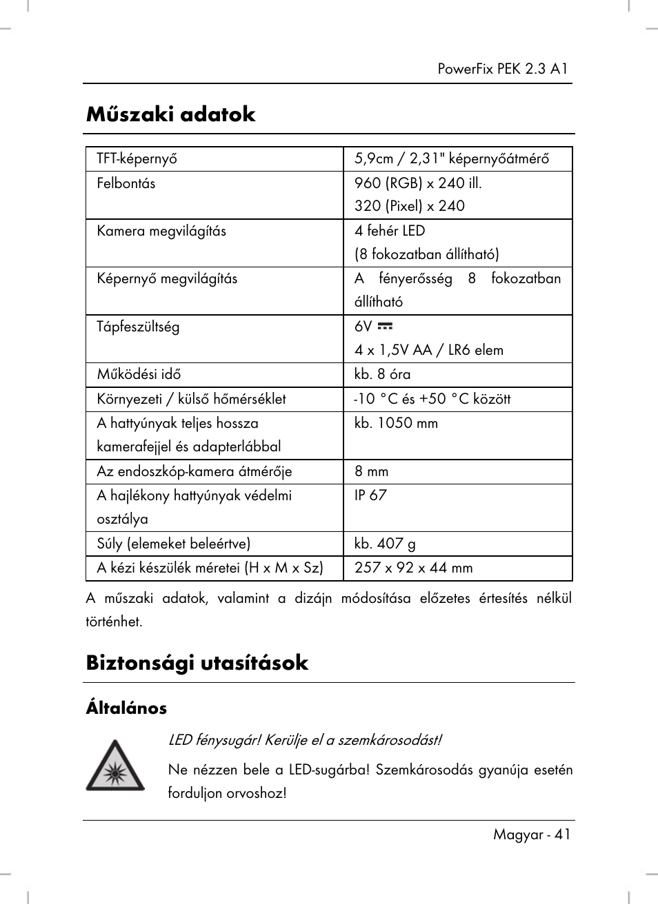 Műszaki adatok, Biztonsági utasítások | Silvercrest PEK 2.3 A1 User Manual | Page 43 / 108