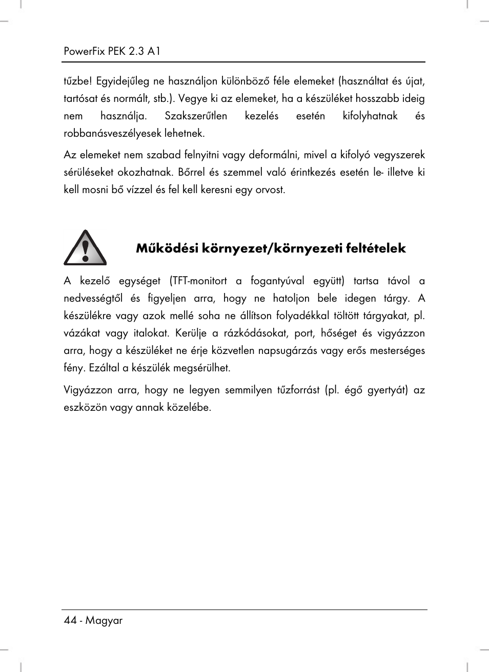 Működési környezet/környezeti feltételek | Silvercrest PEK 2.3 A1 User Manual | Page 46 / 108