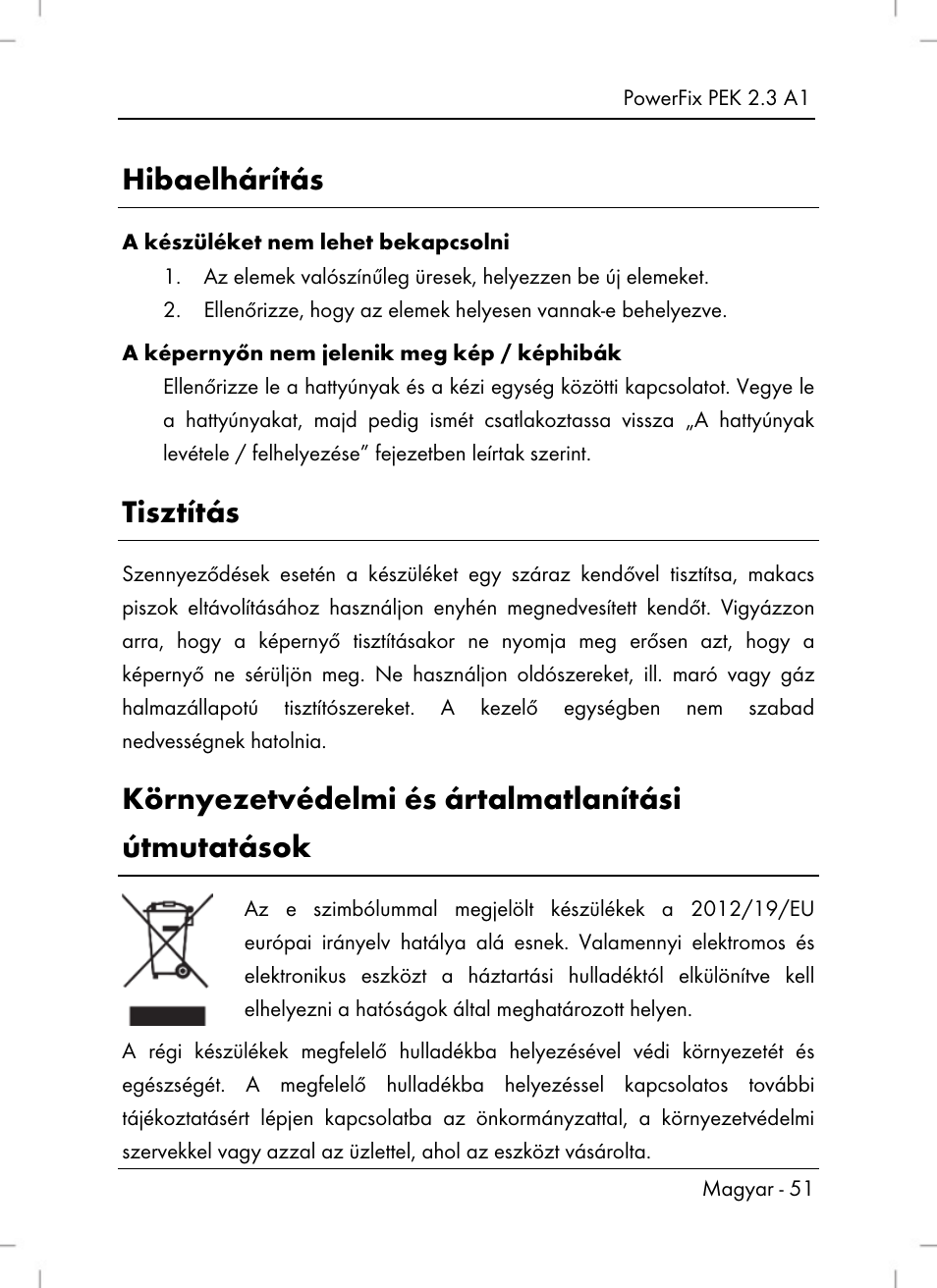 Hibaelhárítás, Tisztítás, Környezetvédelmi és ártalmatlanítási útmutatások | Silvercrest PEK 2.3 A1 User Manual | Page 53 / 108