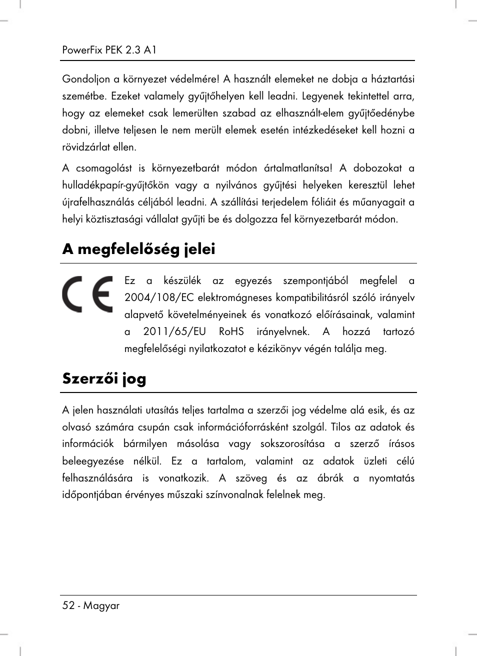 A megfelelőség jelei, Szerzői jog | Silvercrest PEK 2.3 A1 User Manual | Page 54 / 108