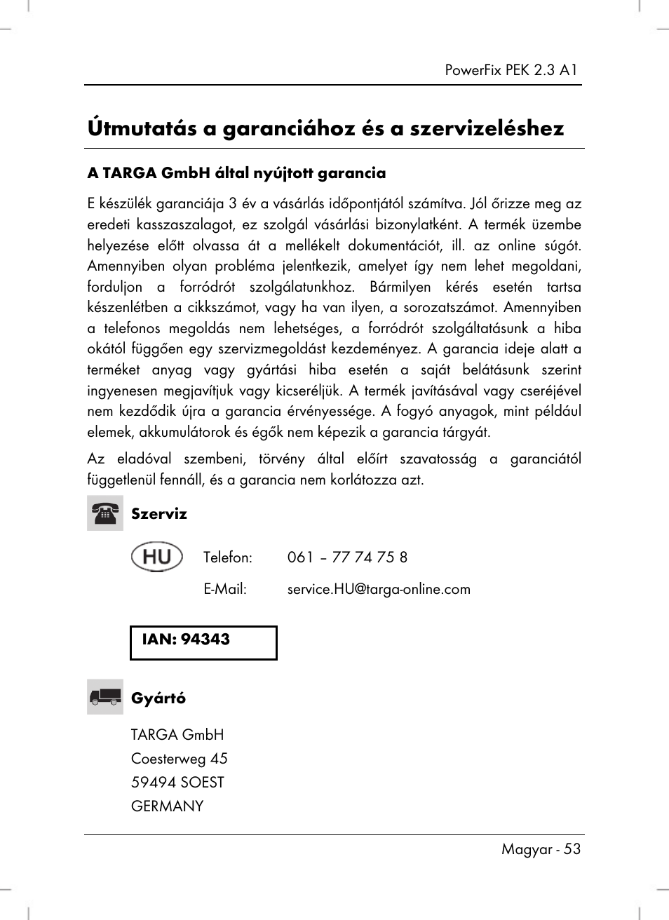 Útmutatás a garanciához és a szervizeléshez | Silvercrest PEK 2.3 A1 User Manual | Page 55 / 108