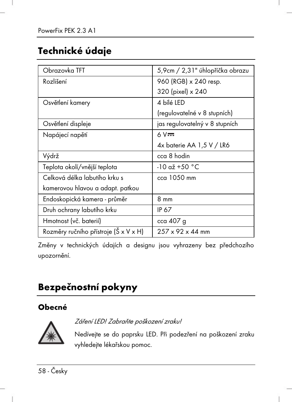 Technické údaje, Bezpečnostní pokyny | Silvercrest PEK 2.3 A1 User Manual | Page 60 / 108