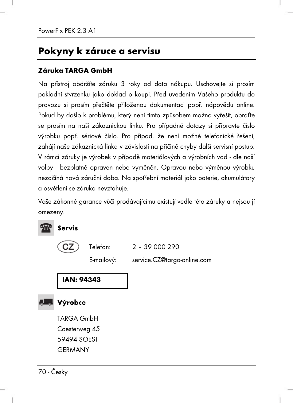 Pokyny k záruce a servisu | Silvercrest PEK 2.3 A1 User Manual | Page 72 / 108