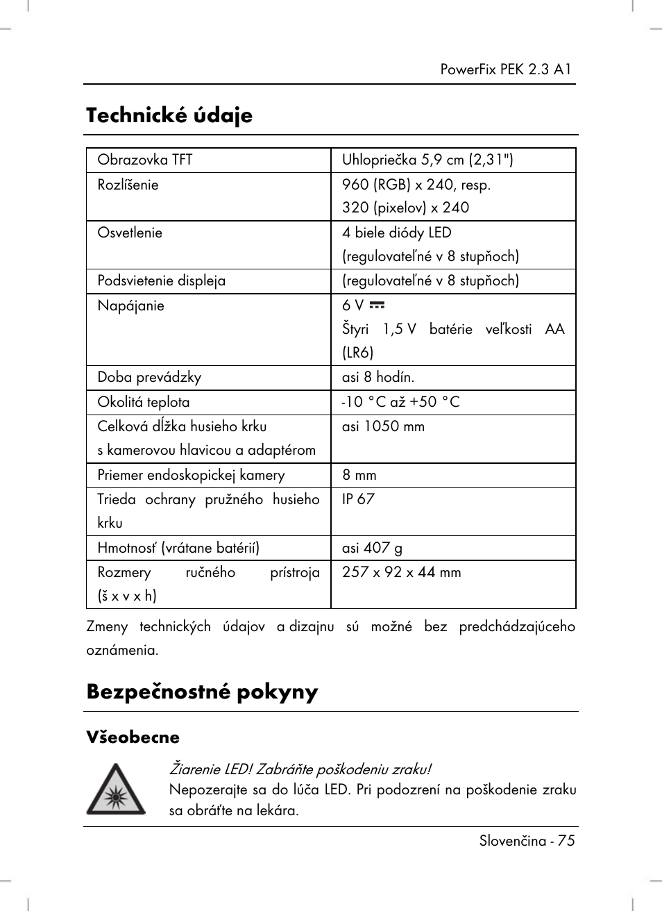 Technické údaje, Bezpečnostné pokyny, Všeobecne | Silvercrest PEK 2.3 A1 User Manual | Page 77 / 108