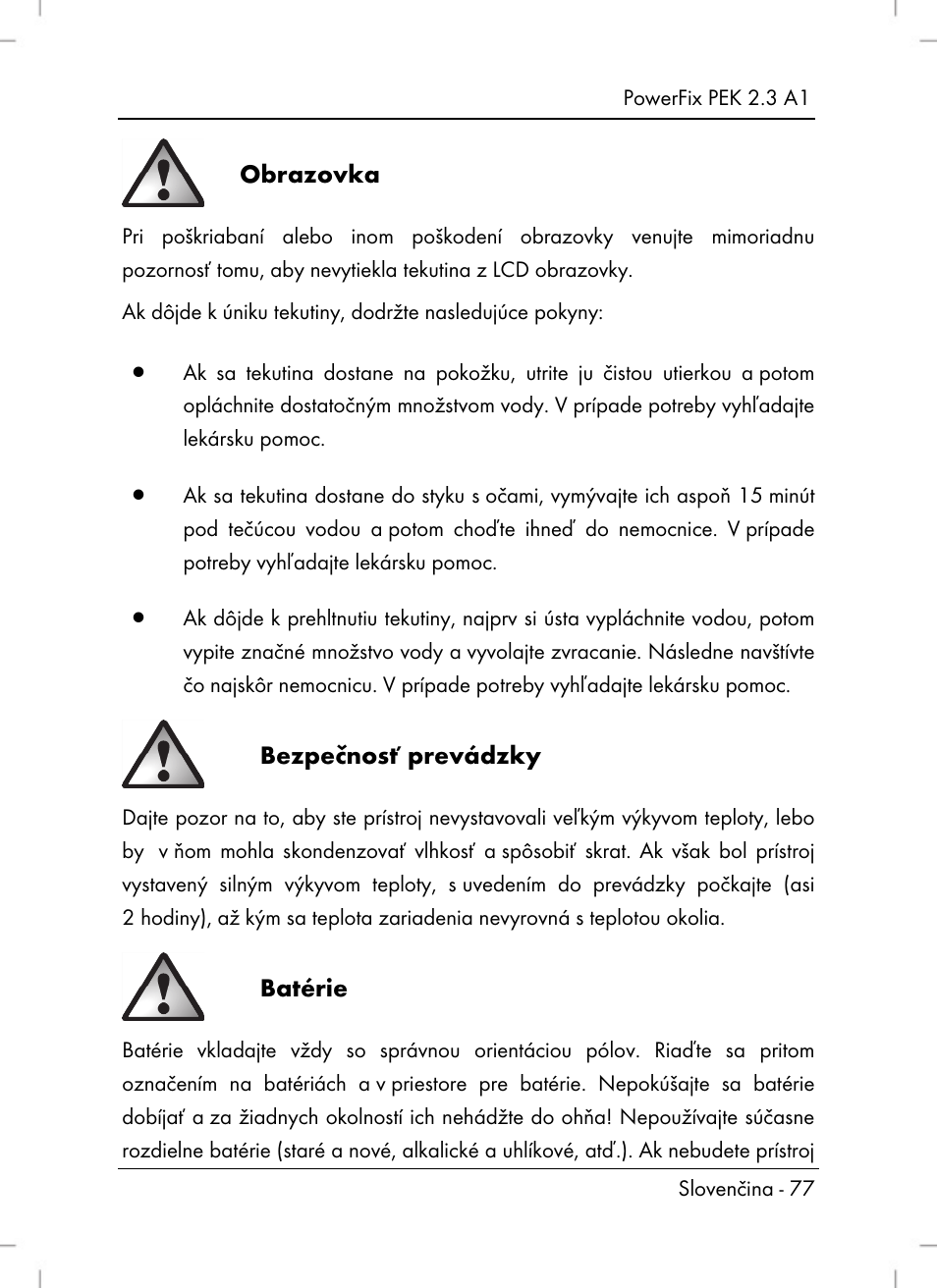 Obrazovka, Bezpečnosť prevádzky, Batérie | Silvercrest PEK 2.3 A1 User Manual | Page 79 / 108