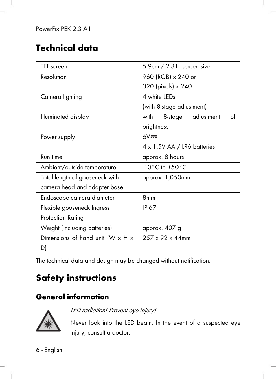 Technical data, Safety instructions, General information | Silvercrest PEK 2.3 A1 User Manual | Page 8 / 108