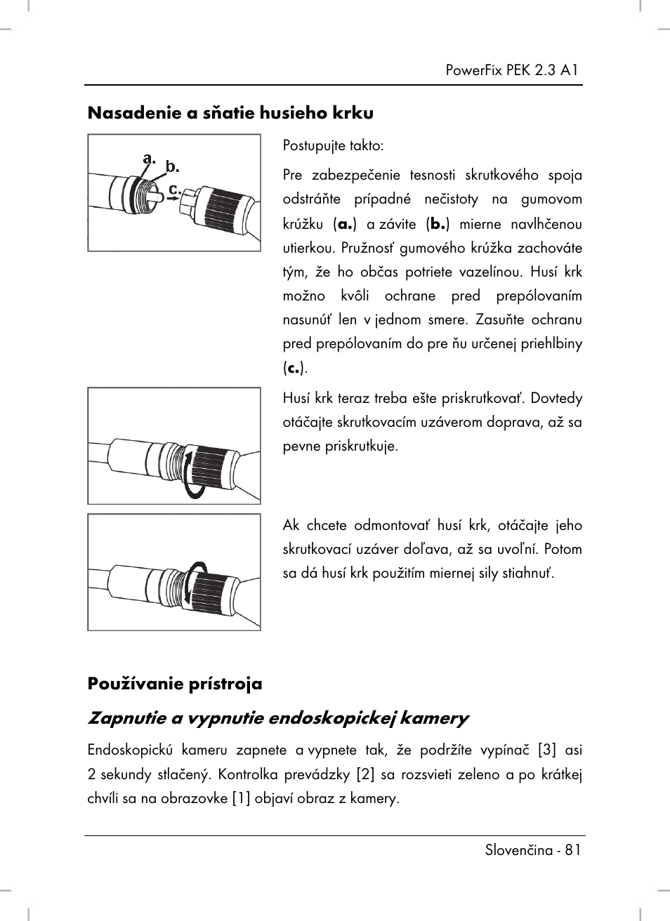 Zapnutie a vypnutie endoskopickej kamery, Nasadenie a sňatie husieho krku, Používanie prístroja | Silvercrest PEK 2.3 A1 User Manual | Page 83 / 108