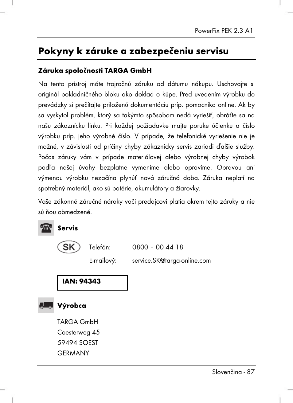 Pokyny k záruke a zabezpečeniu servisu | Silvercrest PEK 2.3 A1 User Manual | Page 89 / 108