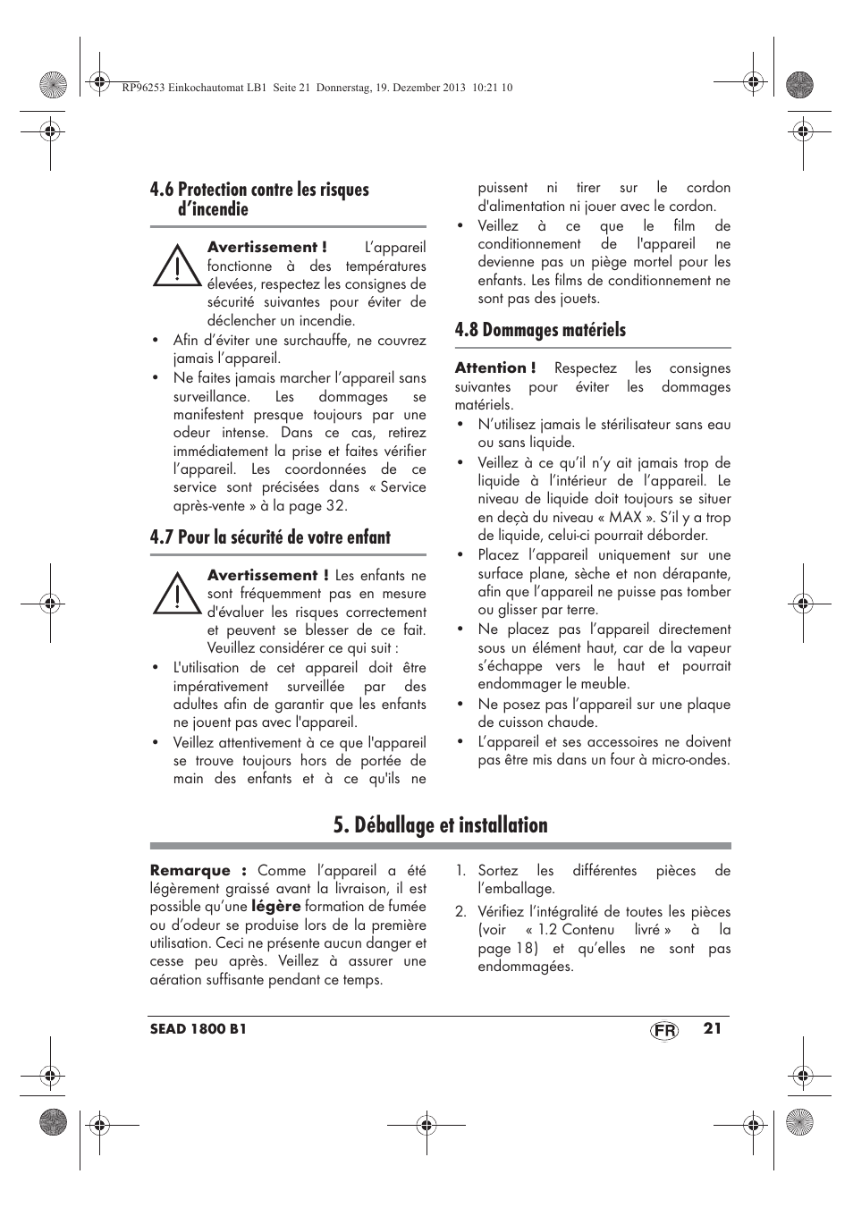 Déballage et installation, 6 protection contre les risques d’incendie, 7 pour la sécurité de votre enfant | 8 dommages matériels | Silvercrest SEAD 1800 B1 User Manual | Page 23 / 78
