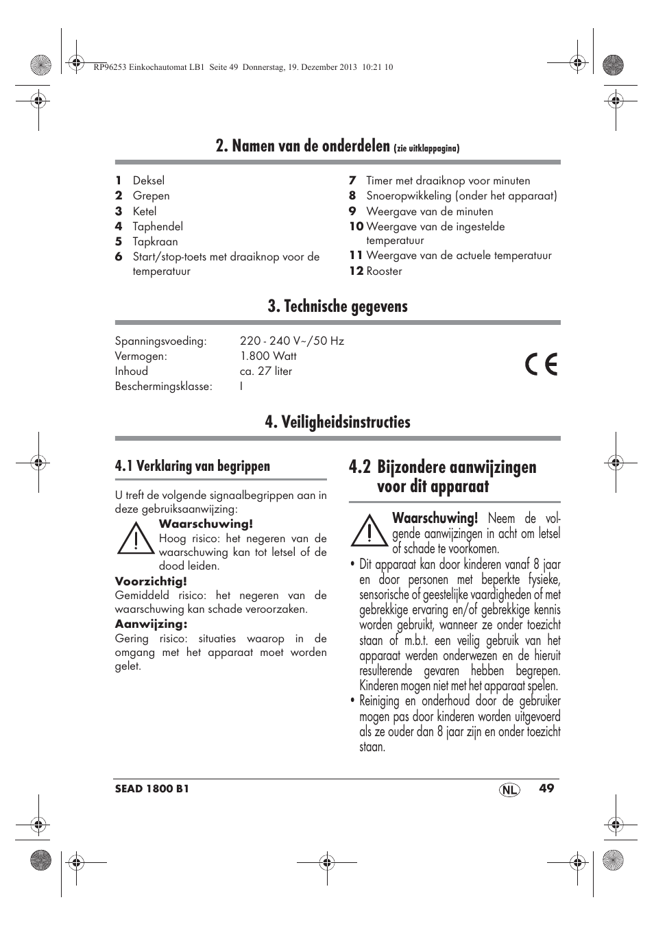 2 bijzondere aanwijzingen voor dit apparaat, Namen van de onderdelen, Technische gegevens | Veiligheidsinstructies | Silvercrest SEAD 1800 B1 User Manual | Page 51 / 78