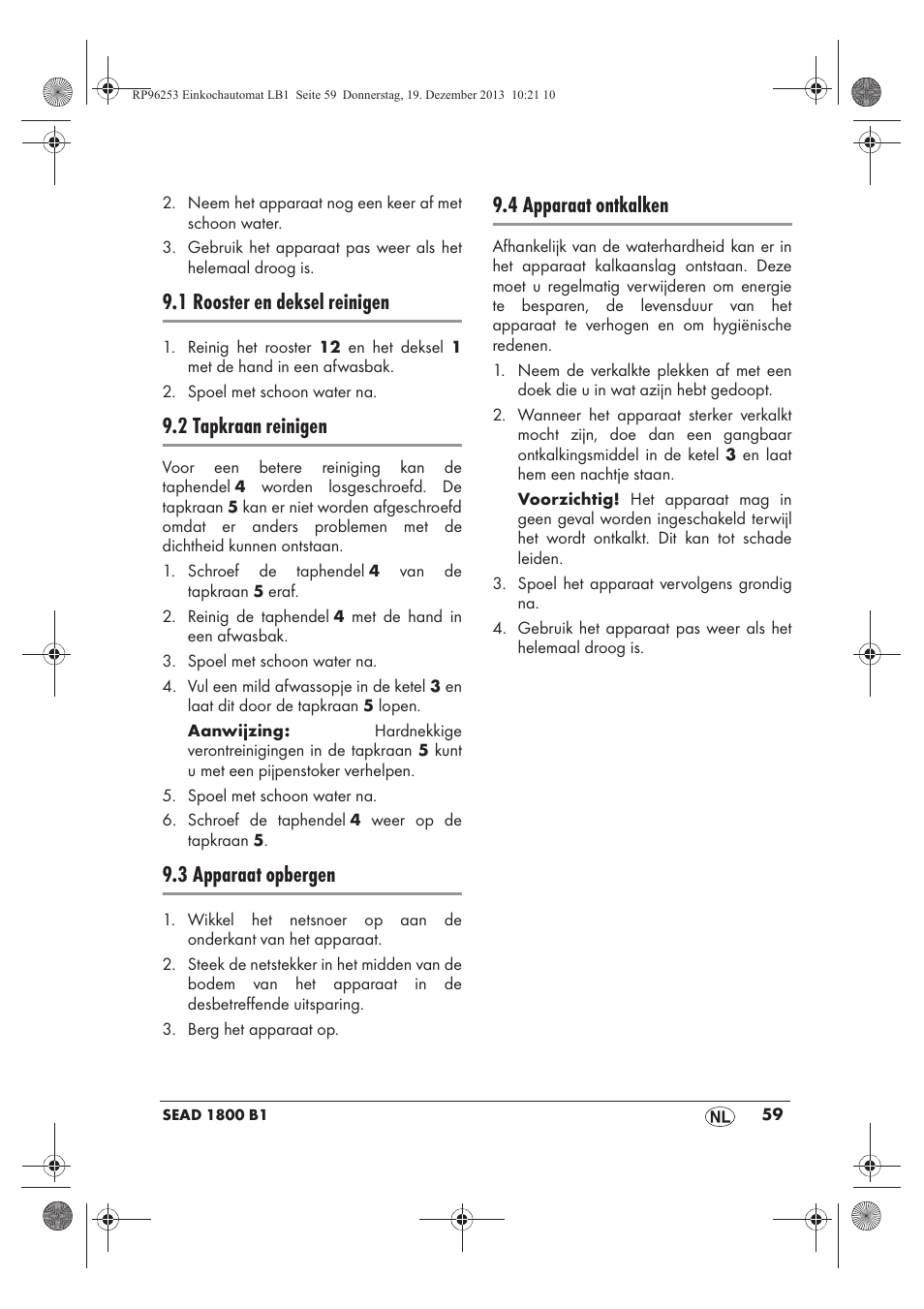 1 rooster en deksel reinigen, 2 tapkraan reinigen, 3 apparaat opbergen | 4 apparaat ontkalken | Silvercrest SEAD 1800 B1 User Manual | Page 61 / 78