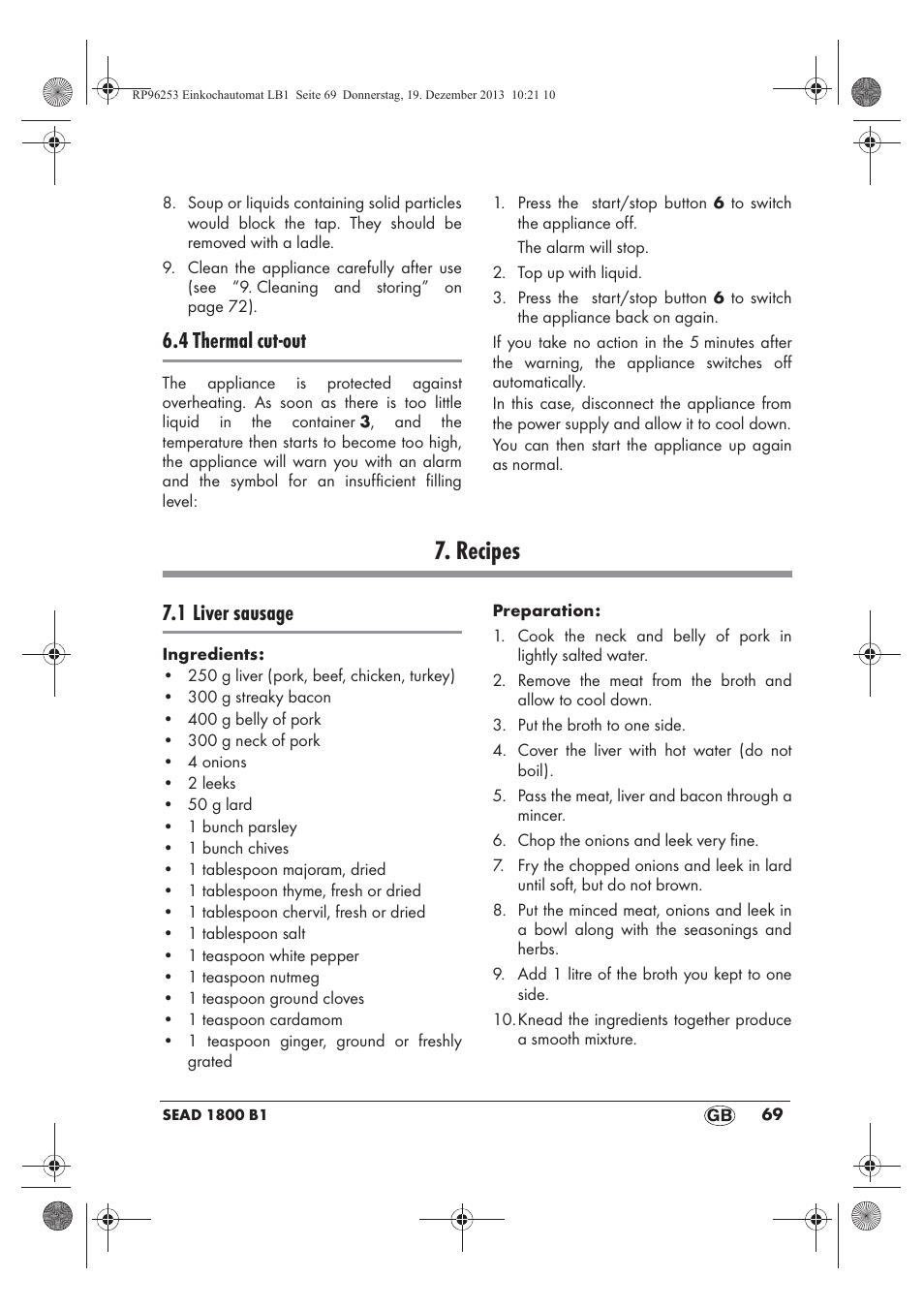 Recipes, 4 thermal cut-out, 1 liver sausage | Silvercrest SEAD 1800 B1 User Manual | Page 71 / 78