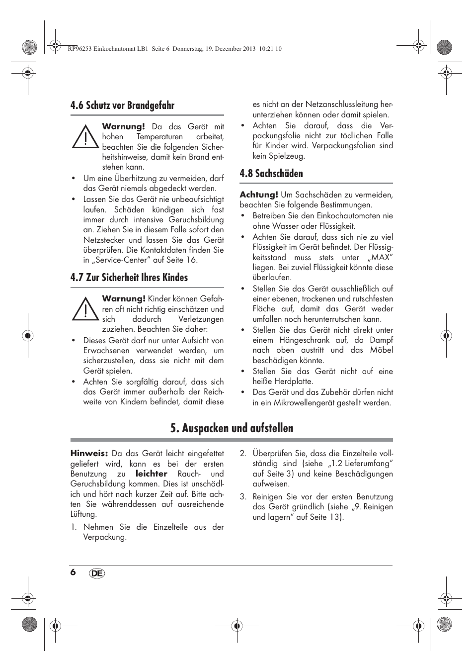 Auspacken und aufstellen, 6 schutz vor brandgefahr, 7 zur sicherheit ihres kindes | 8 sachschäden | Silvercrest SEAD 1800 B1 User Manual | Page 8 / 78