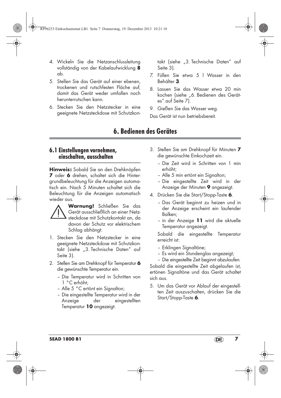 Bedienen des gerätes | Silvercrest SEAD 1800 B1 User Manual | Page 9 / 78