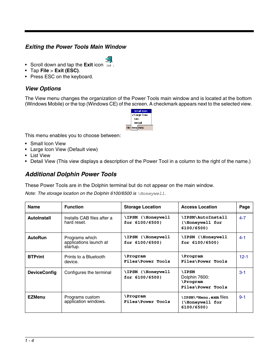 Additional dolphin power tools, Additional dolphin power tools -4, Exiting the power tools main window | View options | Dolphin Peripherals 6100 User Manual | Page 10 / 176