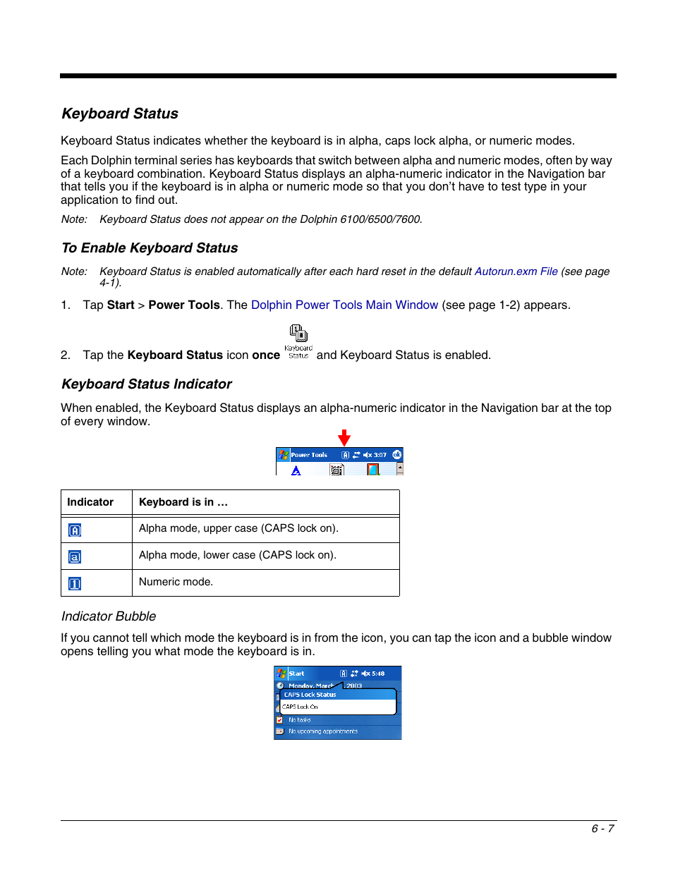 Keyboard status, Keyboard status -7 | Dolphin Peripherals 6100 User Manual | Page 111 / 176