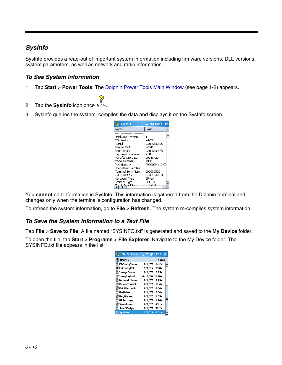 Sysinfo, Sysinfo -16, Mber that appears in | Dolphin Peripherals 6100 User Manual | Page 120 / 176