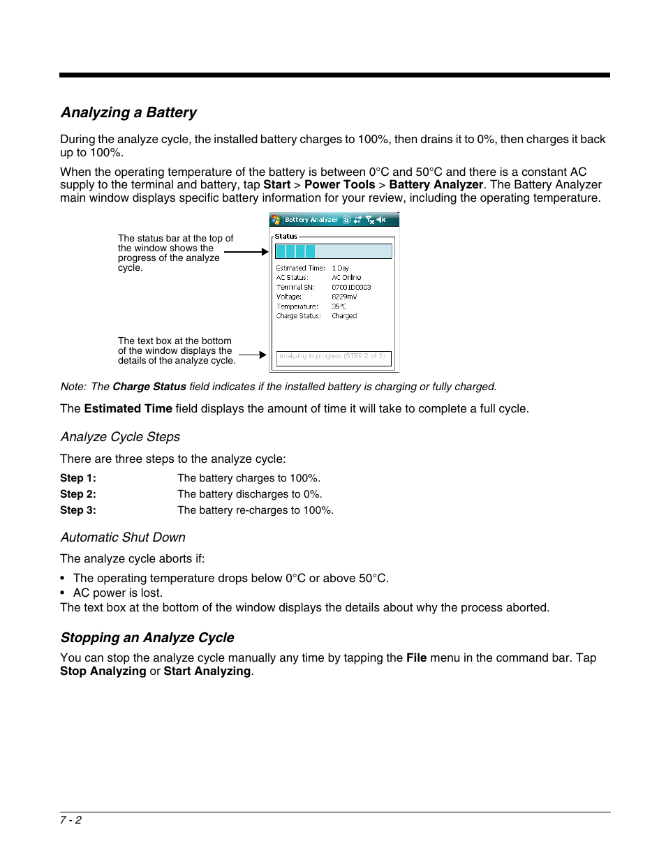 Analyzing a battery, Stopping an analyze cycle, Analyzing a battery -2 | Stopping an analyze cycle -2 | Dolphin Peripherals 6100 User Manual | Page 128 / 176