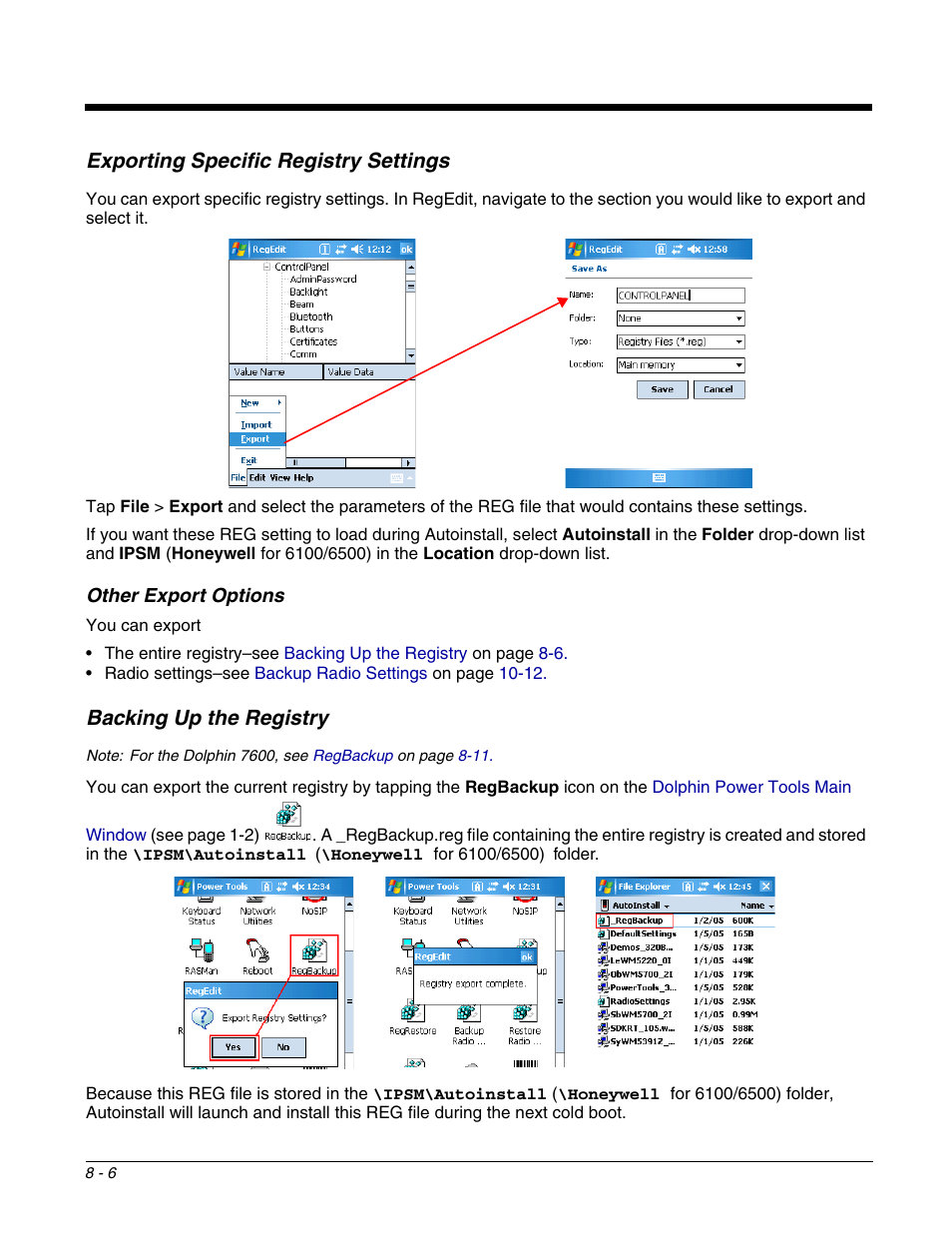 Exporting specific registry settings, Other export options, Backing up the registry | Exporting specific registry settings -6, Other export options -6, Backing up the registry -6, For more information, see | Dolphin Peripherals 6100 User Manual | Page 136 / 176