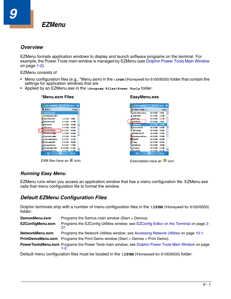 Ezmenu, Default ezmenu configuration files, Chapter 9 - ezmenu | Default ezmenu configuration files -1, Overview | Dolphin Peripherals 6100 User Manual | Page 145 / 176