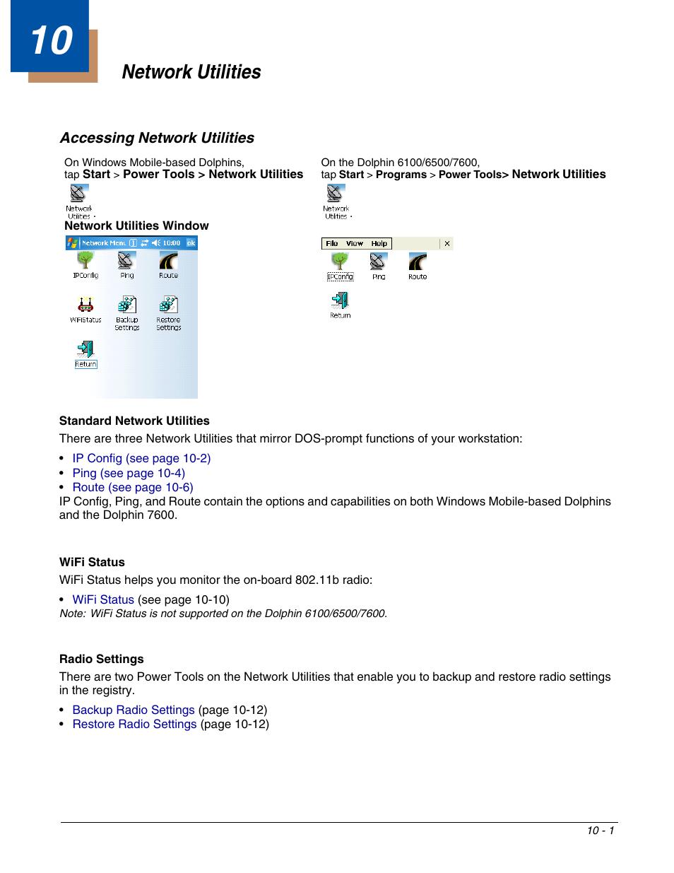 Network utilities, Accessing network utilities, Chapter 10 - network utilities | Accessing network utilities -1 | Dolphin Peripherals 6100 User Manual | Page 155 / 176