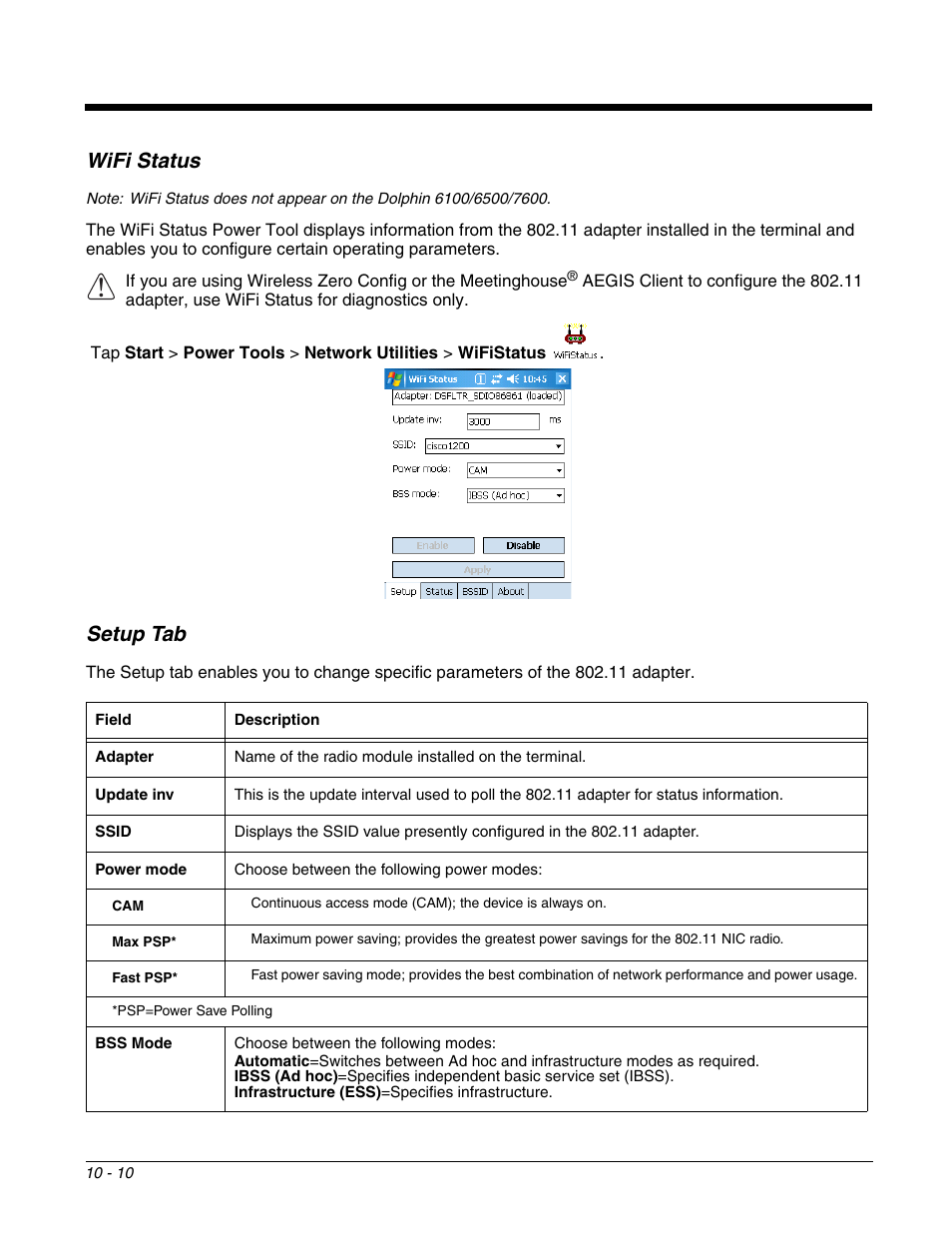 Wifi status, Wifi status -10, Setup tab | Dolphin Peripherals 6100 User Manual | Page 164 / 176
