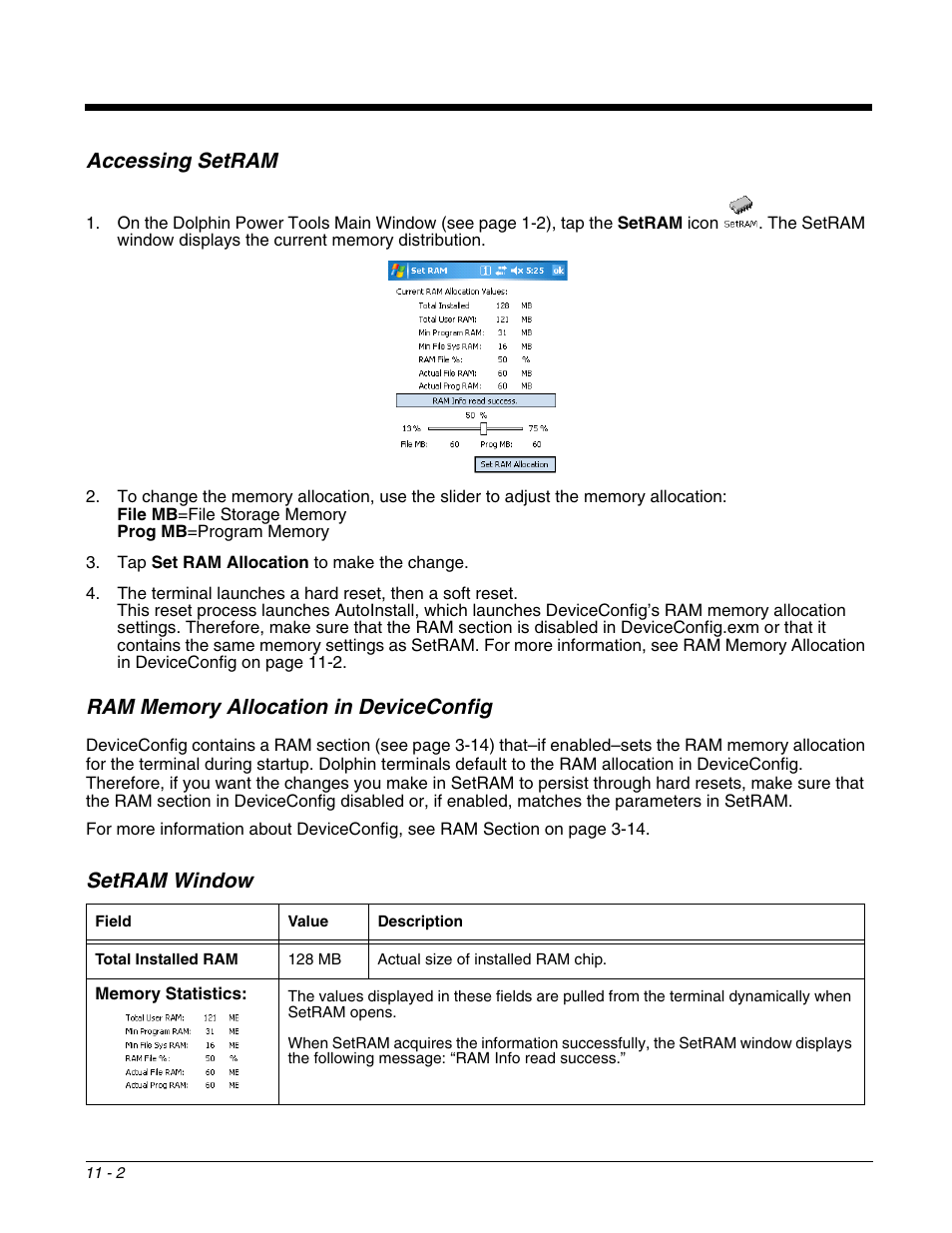 Accessing setram, Ram memory allocation in deviceconfig, Setram window | Dolphin Peripherals 6100 User Manual | Page 168 / 176