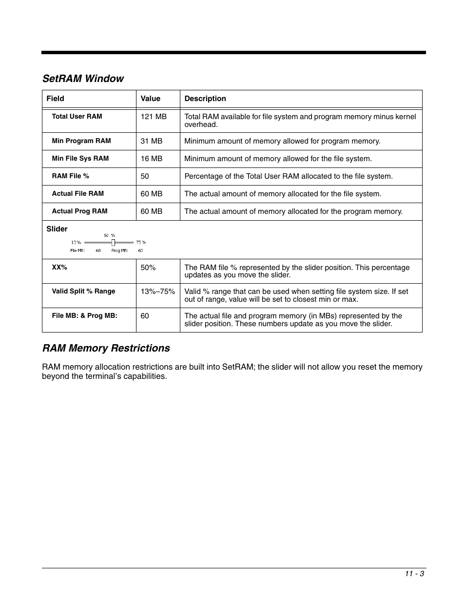Ram memory restrictions, Ram memory restrictions -3, Setram window | Dolphin Peripherals 6100 User Manual | Page 169 / 176