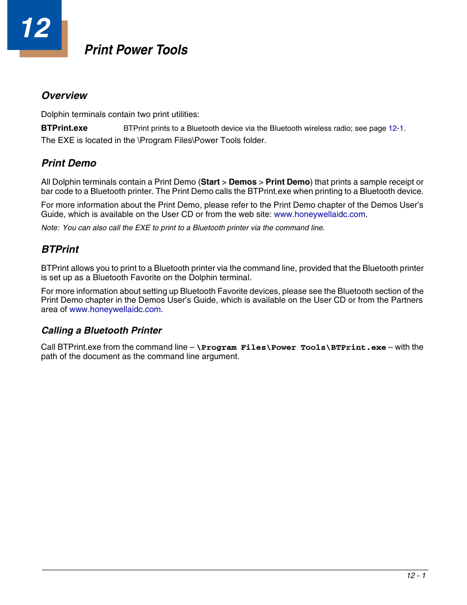 Print power tools, Print demo, Btprint | Chapter 12 - print power tools, Print demo -1 btprint -1 | Dolphin Peripherals 6100 User Manual | Page 171 / 176