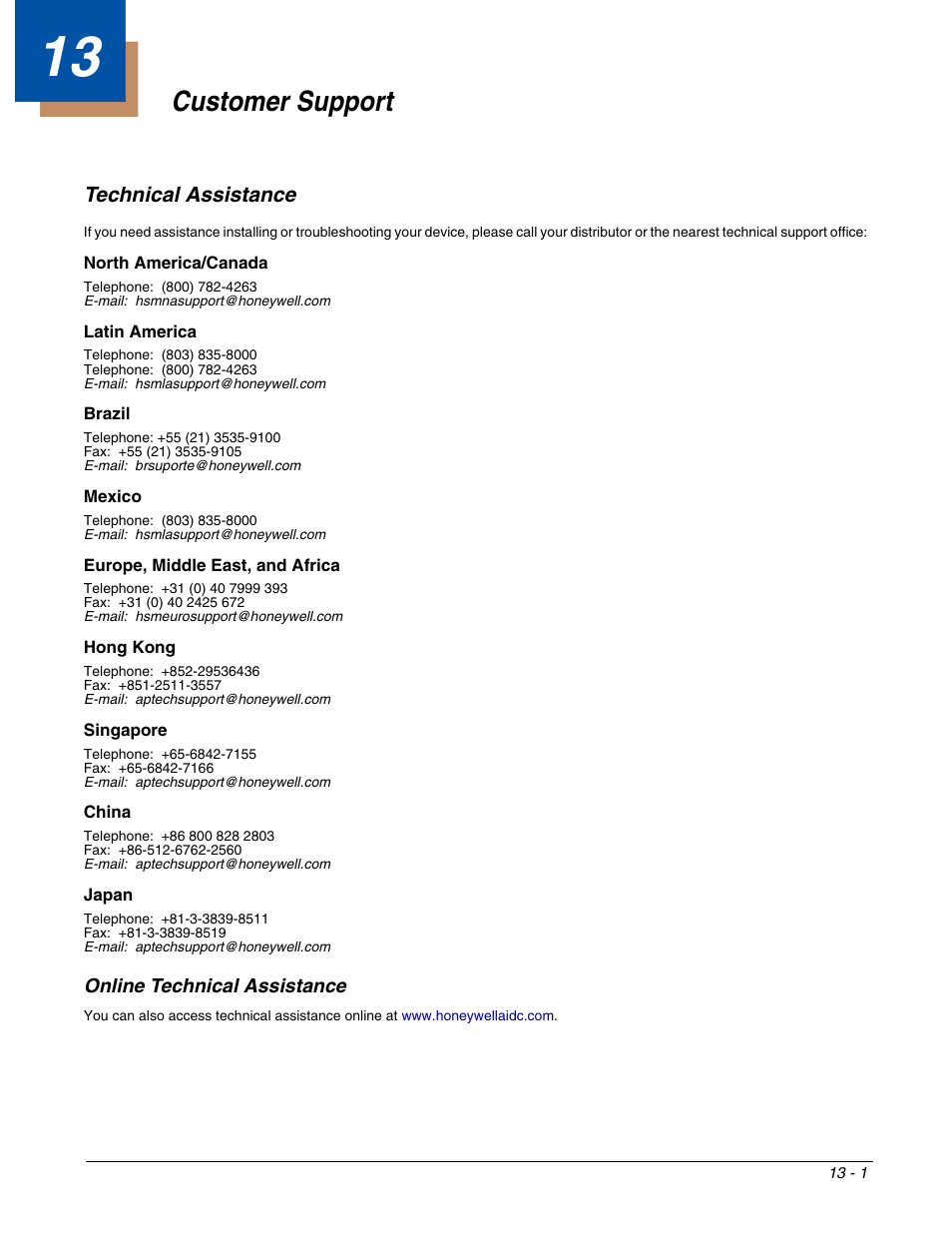 Customer support, Technical assistance, Online technical assistance | Chapter 13 - customer support, Technical assistance -1, Online technical assistance -1 | Dolphin Peripherals 6100 User Manual | Page 173 / 176
