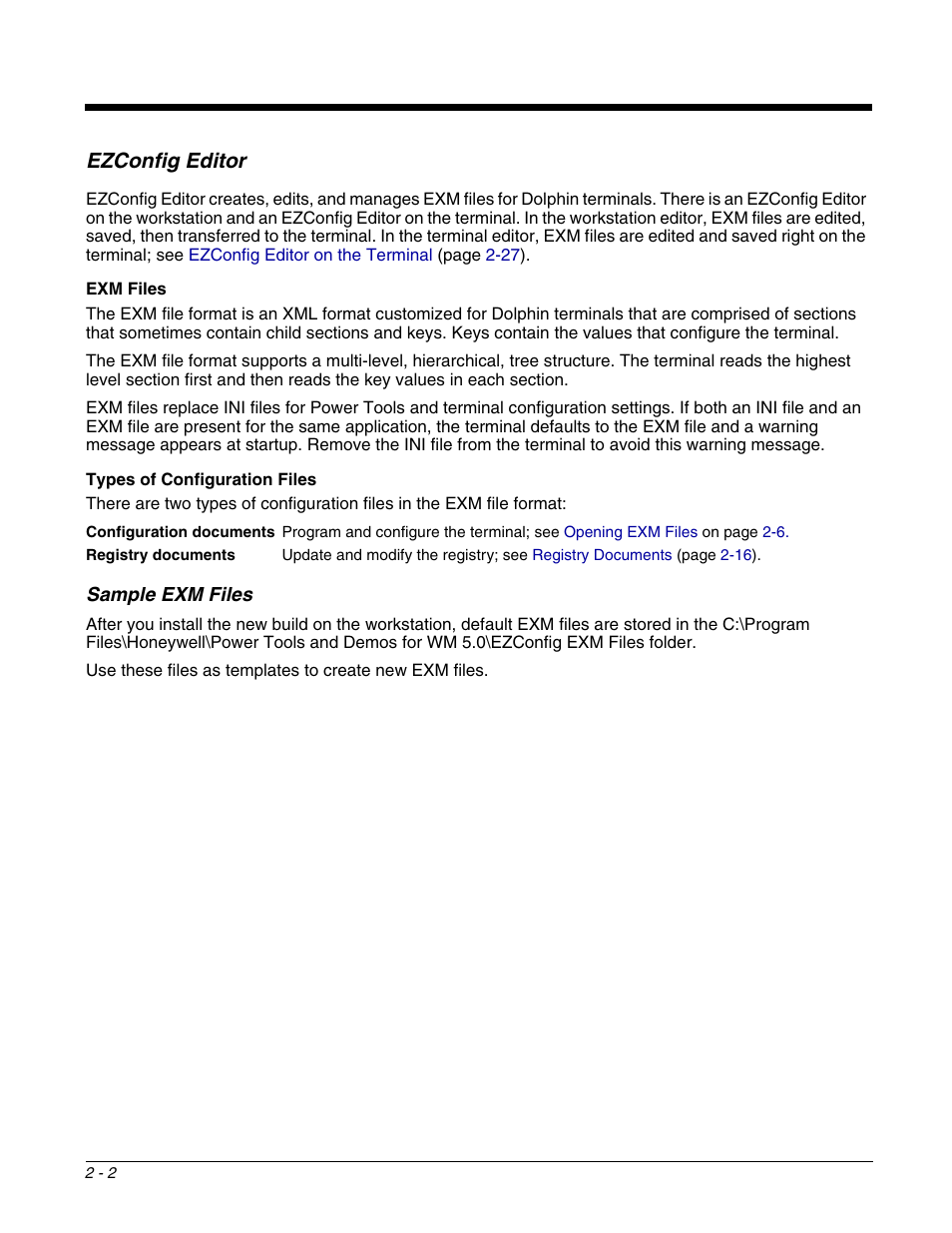 Ezconfig editor, Sample exm files, Ezconfig editor -2 | Sample exm files -2, For details about the workstation editor, see | Dolphin Peripherals 6100 User Manual | Page 18 / 176