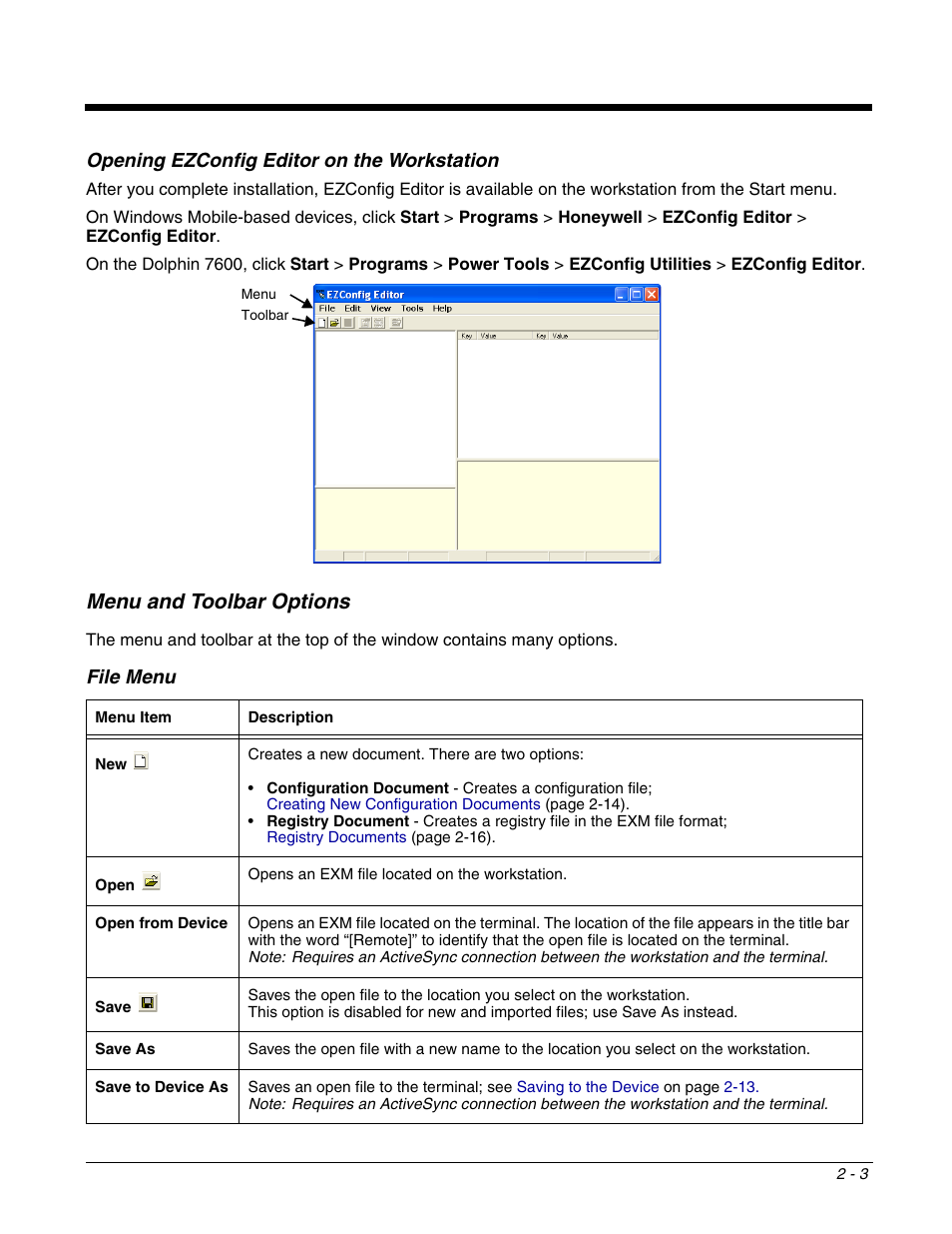 Opening ezconfig editor on the workstation, Menu and toolbar options, File menu | Opening ezconfig editor on the workstation -3, Menu and toolbar options -3, File menu -3 | Dolphin Peripherals 6100 User Manual | Page 19 / 176