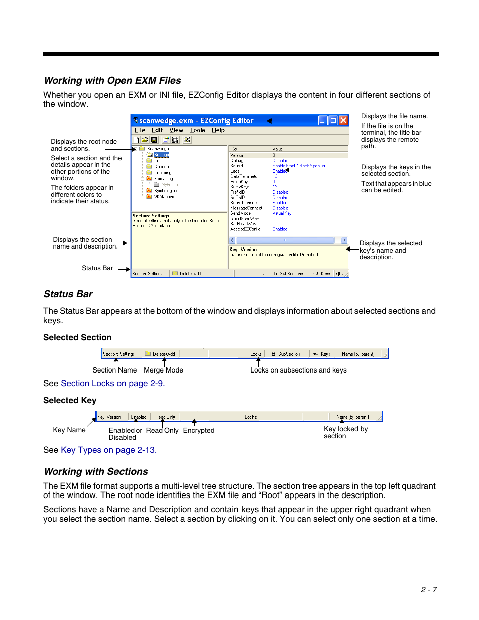 Working with open exm files, Working with sections, Reate and modify exm files | For section edit menu options, see, Status bar | Dolphin Peripherals 6100 User Manual | Page 23 / 176