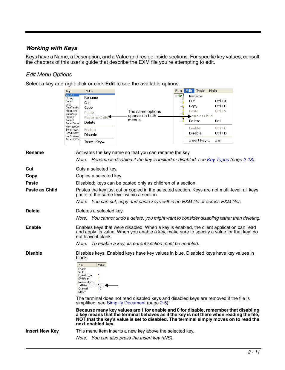 Working with keys, Working with keys -11, For key edit menu options, see | Edit menu options | Dolphin Peripherals 6100 User Manual | Page 27 / 176