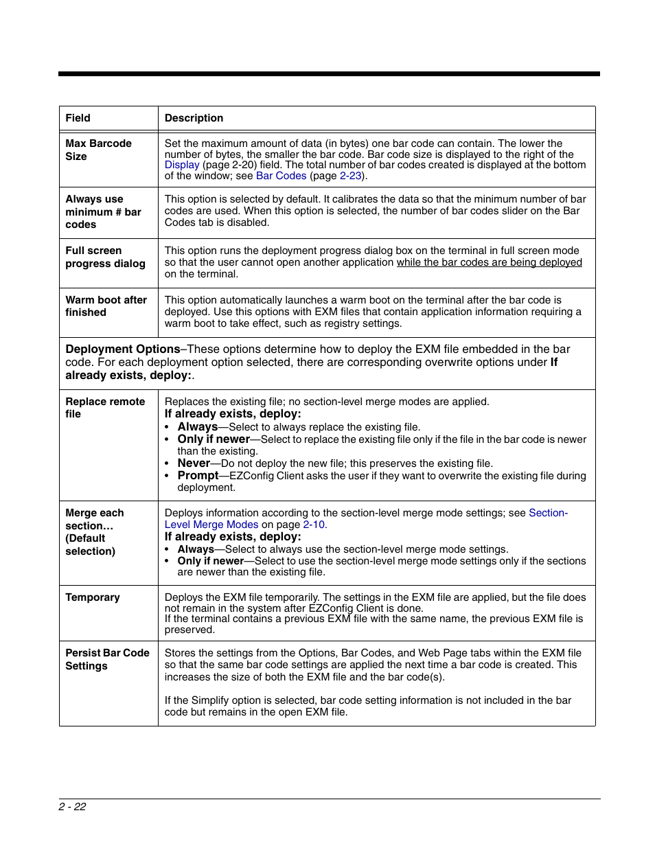 Temporary, Data each bar code can contain—see, Max barcode size | Only if the, Always use minimum # bar codes | Dolphin Peripherals 6100 User Manual | Page 38 / 176