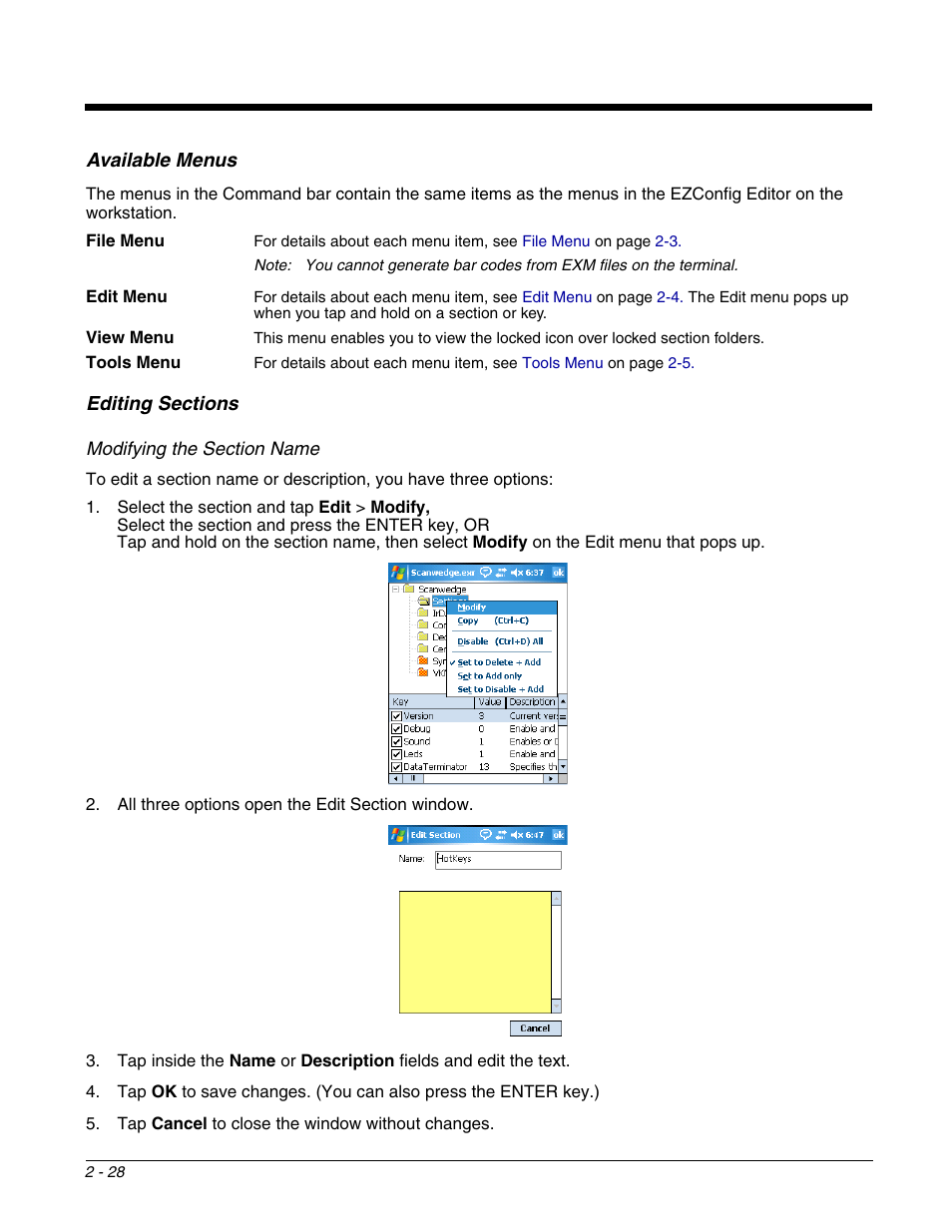 Editing sections, Editing sections -28 | Dolphin Peripherals 6100 User Manual | Page 44 / 176