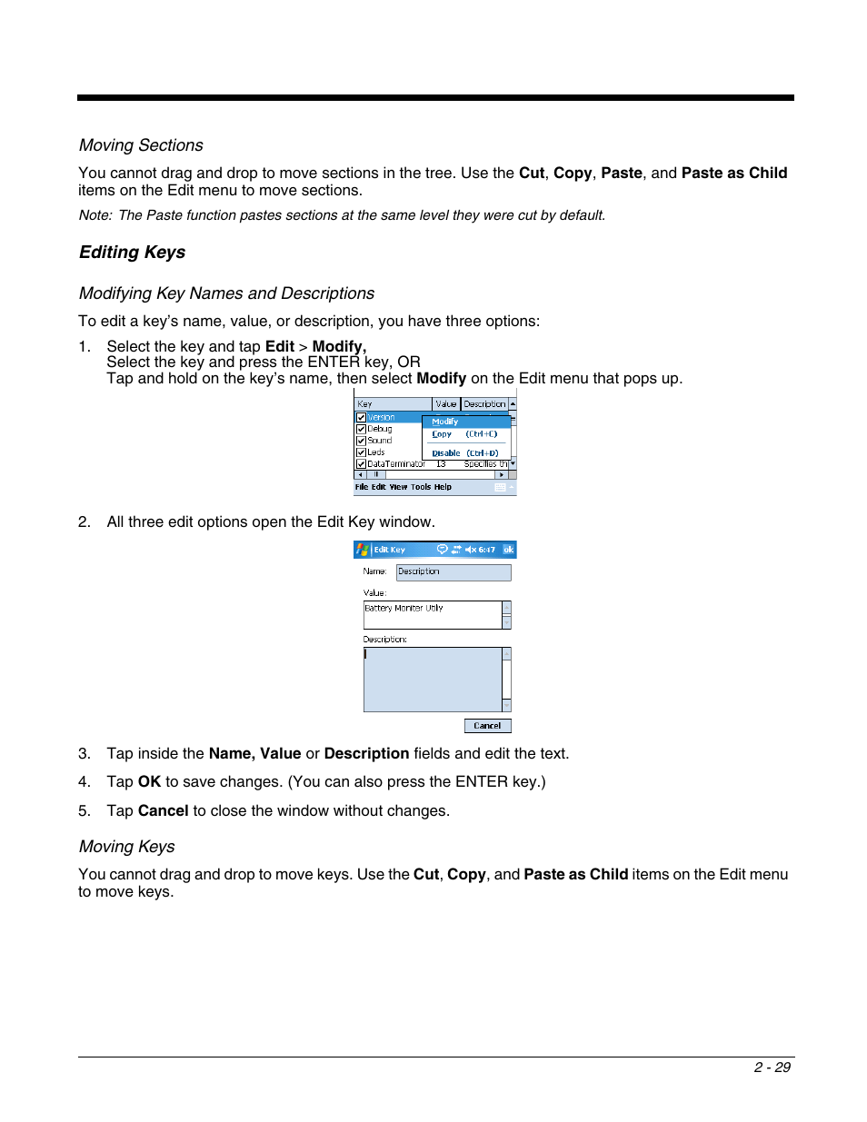 Editing keys, Editing keys -29 | Dolphin Peripherals 6100 User Manual | Page 45 / 176