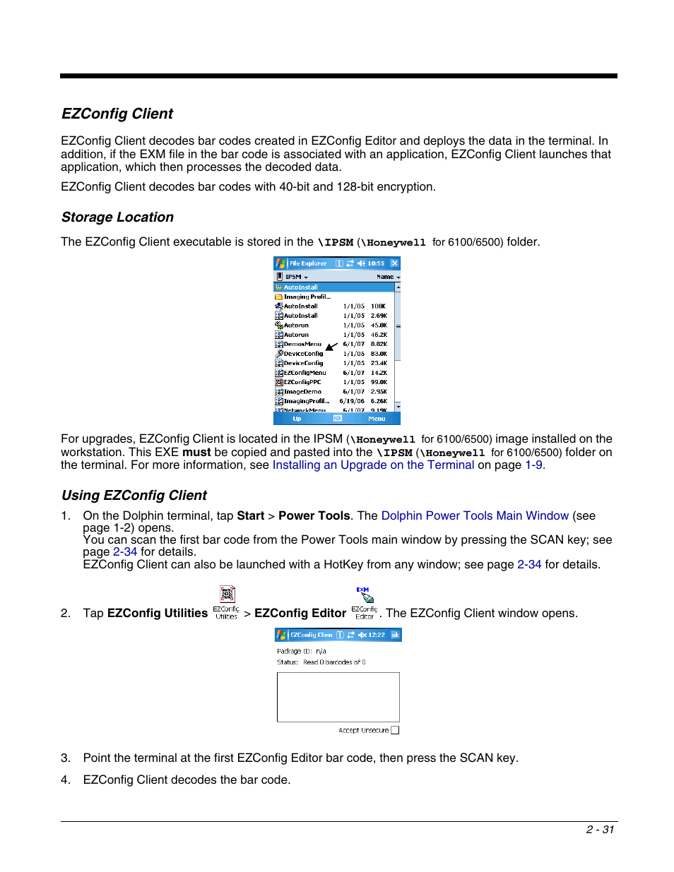 Ezconfig client, Using ezconfig client, Ezconfig client -31 | Using ezconfig client -31, For details, see, The ezconfig editor and the ezconfig client (see | Dolphin Peripherals 6100 User Manual | Page 47 / 176