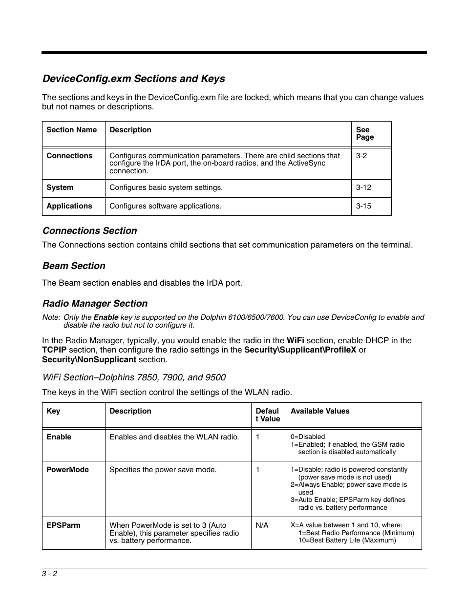 Deviceconfig.exm sections and keys, Connections section, Radio manager section | Deviceconfig.exm sections and keys -2, Connections section -2 radio manager section -2 | Dolphin Peripherals 6100 User Manual | Page 52 / 176